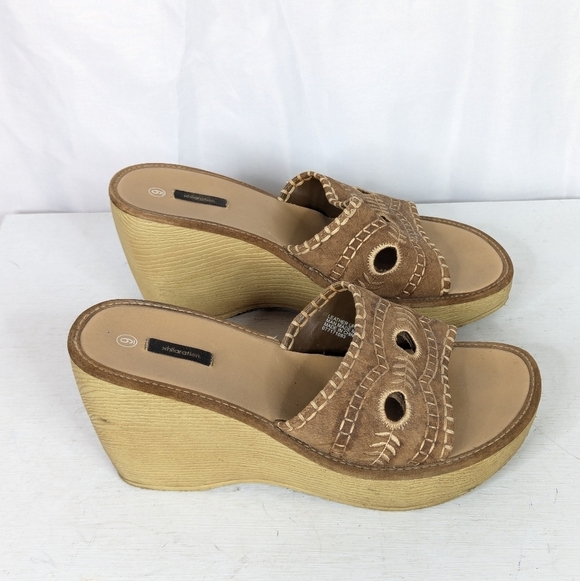 Vintage Xhilaration Y2K Chunky Leather Floral Faux Wood Slide Mules Sandals - Picture 2 of 9